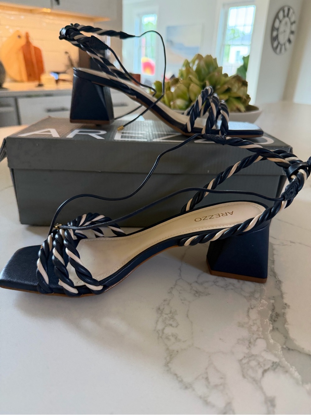 Arezzo Navy & White Braided Block Heel Sandals
